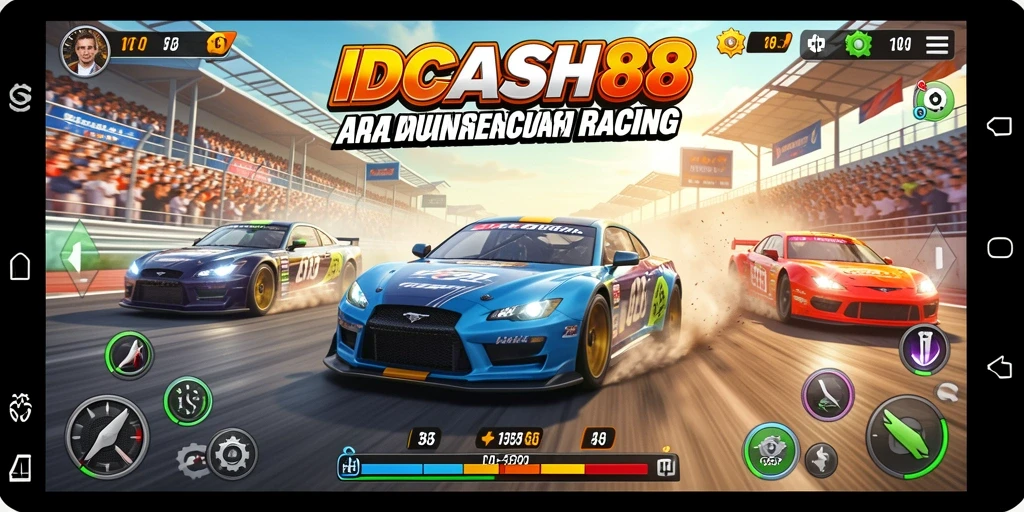 Tampilan gameplay IDCASH88 dengan aksi balapan yang memukau dan desain trek yang menakjubkan.