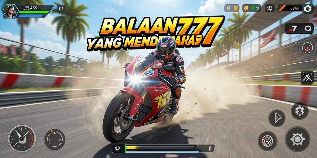 Tampilan gameplay seru di JELAS777 dalam balapan motor.