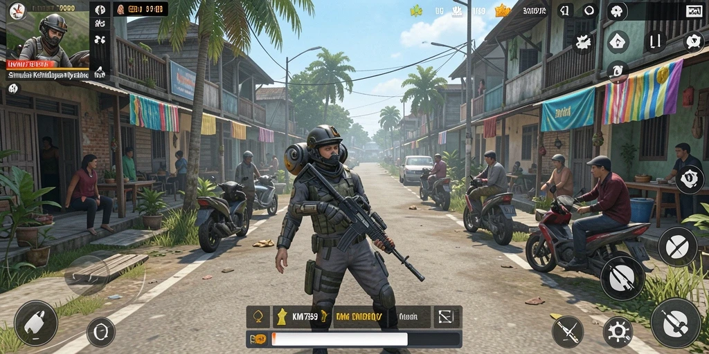 Screenshot gameplay KM789 menampilkan interaksi karakter dan aktivitas simulasi.